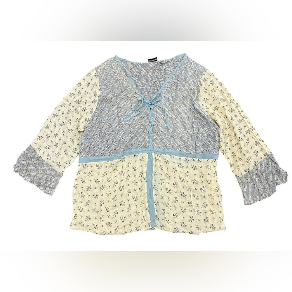 Y2k Cottagecore 24 Peasant Cream Blue Lace-up Floral Blouse Bohemian Ren Faire